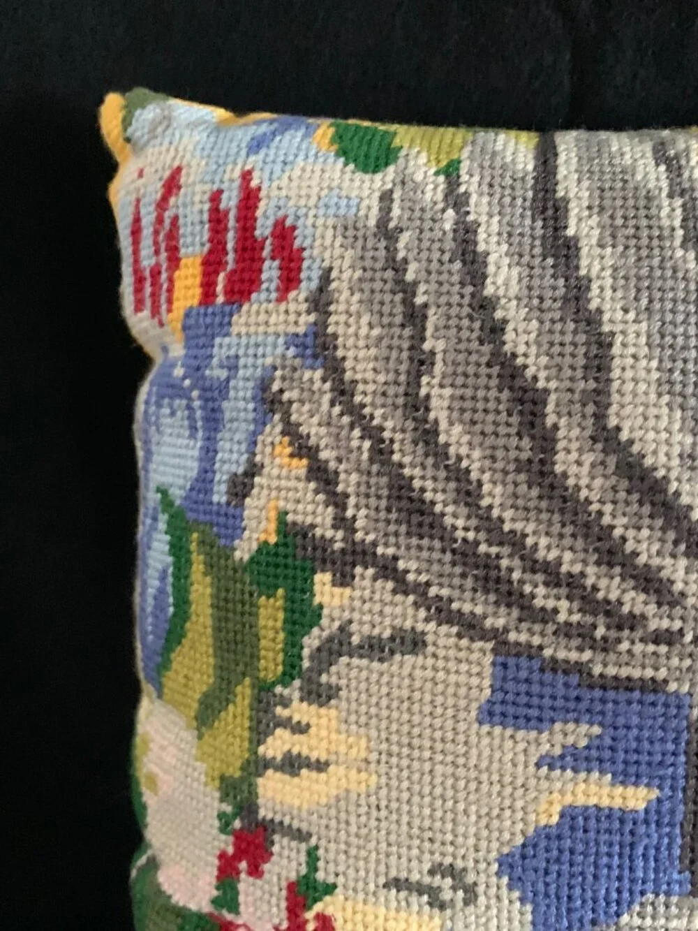 Vintage Handmade Wool Needlepoint Throw Pillow Jacobean Birds Flowers Satin Back